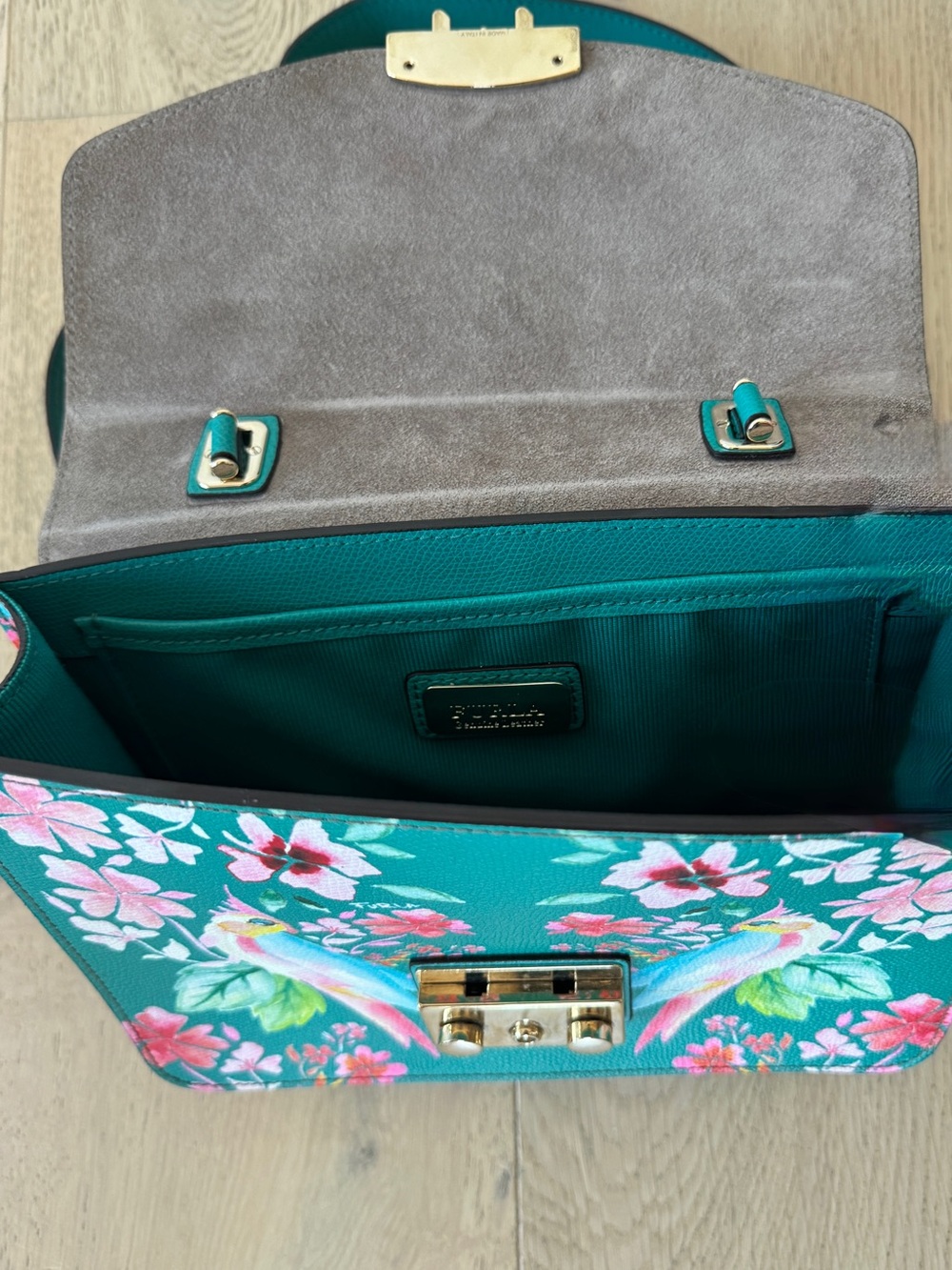 Furla Teal Floral Crossbody Satchel with Gold Hardware - Picture 7 of 7